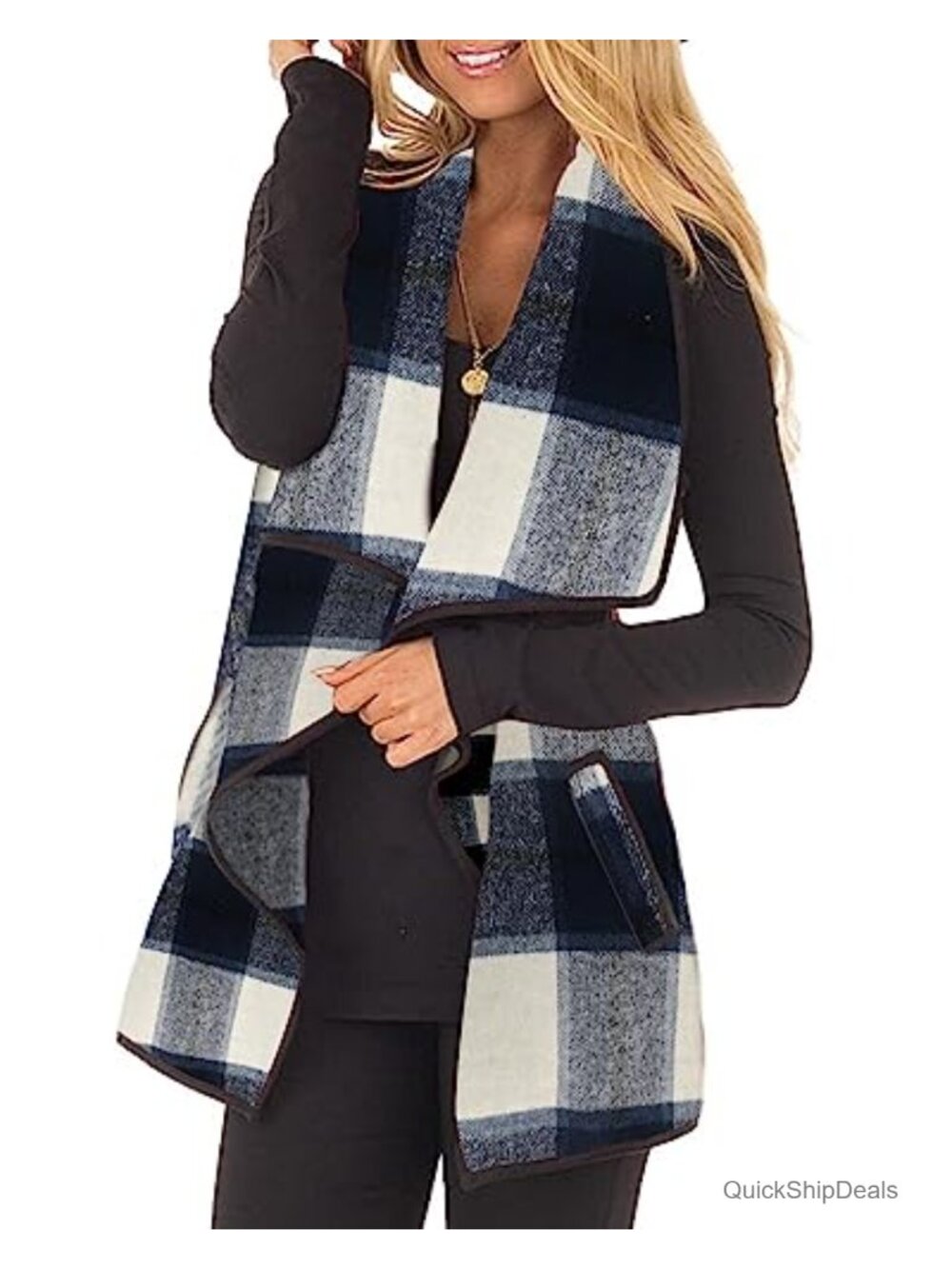 Plaid Open Front Sleeveless Vest Cardigan with Pockets